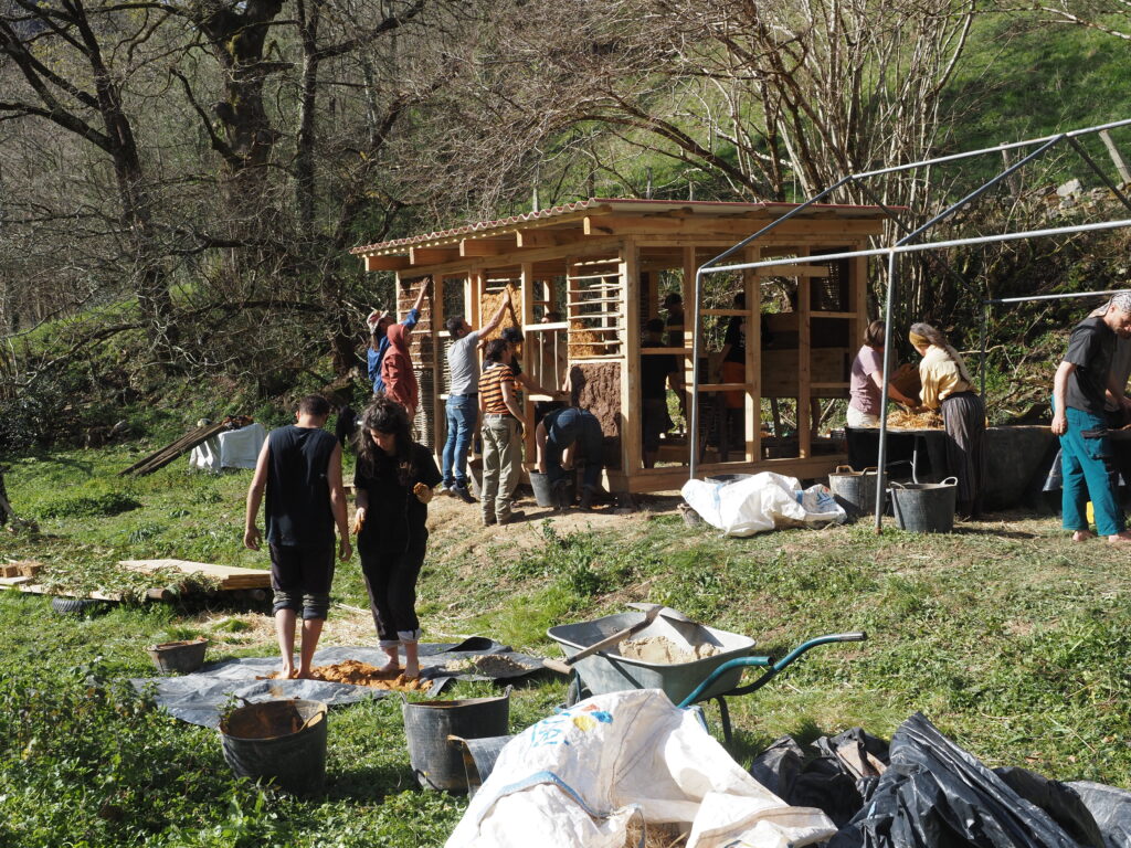 Participants work together to build a natural structure using wood, straw and clay in a forest setting.