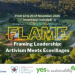 FLAME Erasmus+ training course banner, 12–20 November 2026, featuring a rural ecovillage landscape.