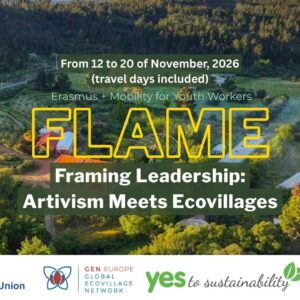 FLAME Erasmus+ training course banner, 12–20 November 2026, featuring a rural ecovillage landscape.