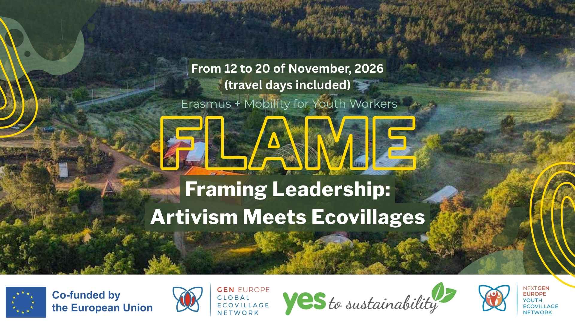 FLAME Erasmus+ training course banner, 12–20 November 2026, featuring a rural ecovillage landscape.