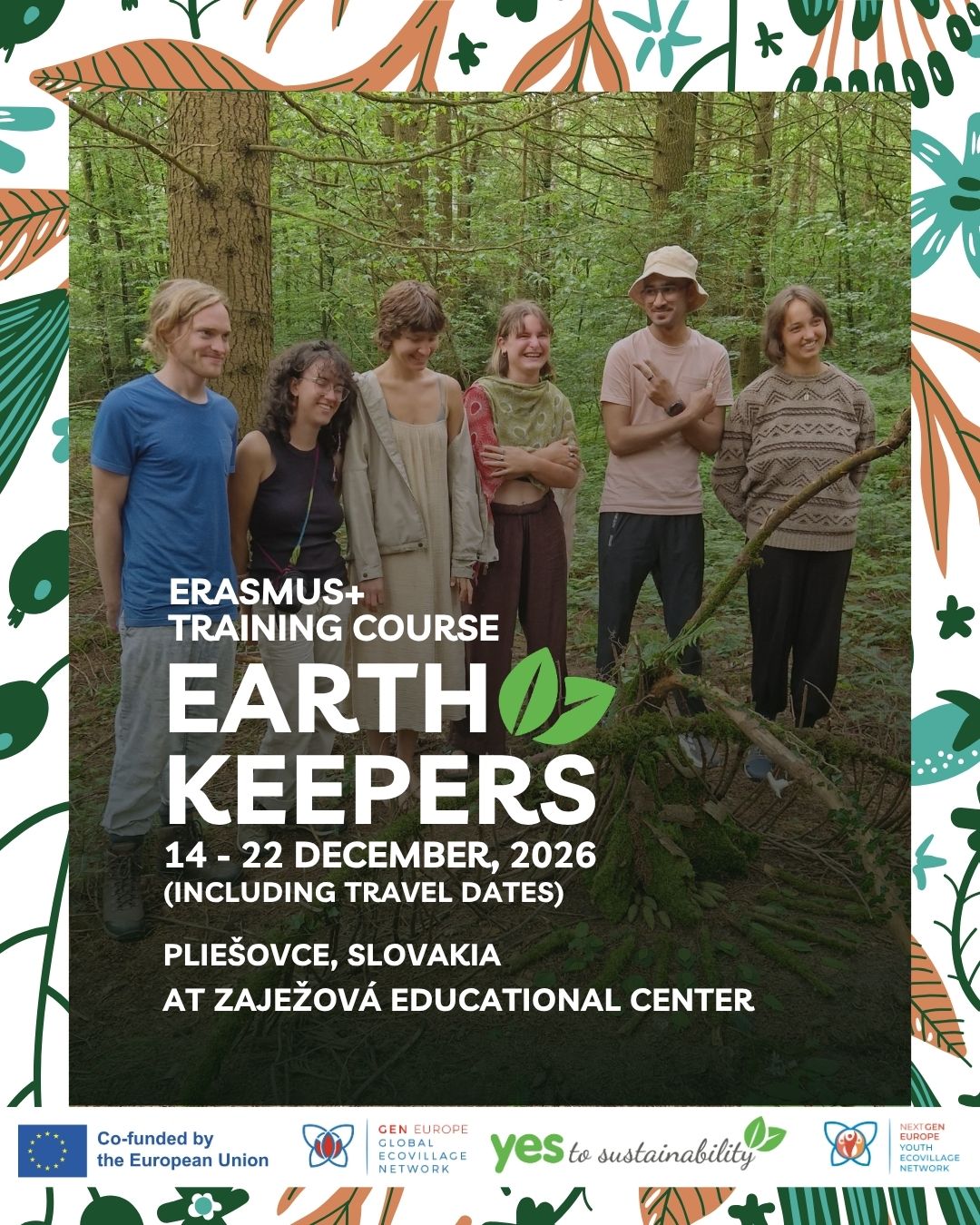 Promotional poster for the Erasmus+ training course Earth Keepers, taking place 14–22 December 2026 at Zaježová Educational Centre in Pliešovce, Slovakia. The poster shows six young people in a forest surrounded by illustrated botanical elements.